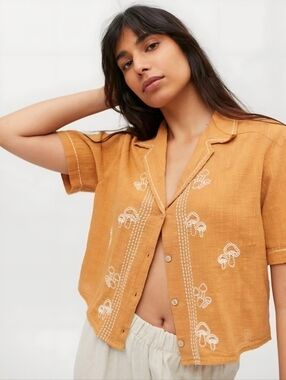Urban Outfitters Embroidered Mushroom Terracotta Orange Cream Cropped Top, S